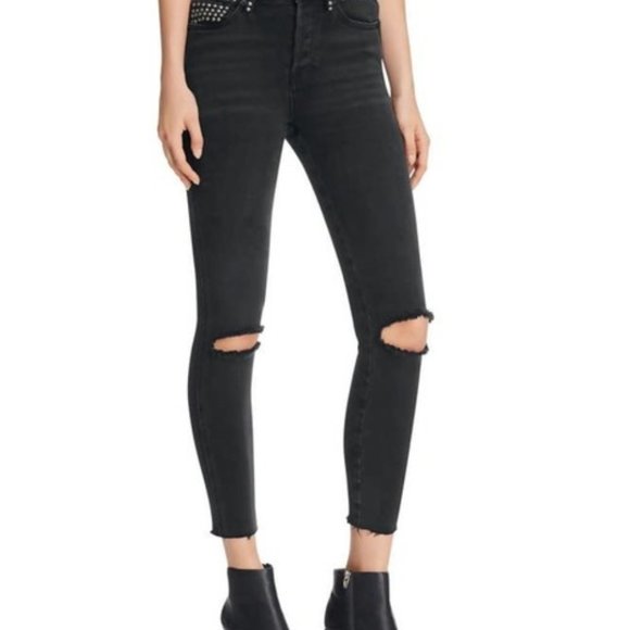 Free People RARE Payton Studded Skinny Jean 27 Black Raw Hem Ripped Knee Ankle - Picture 1 of 10